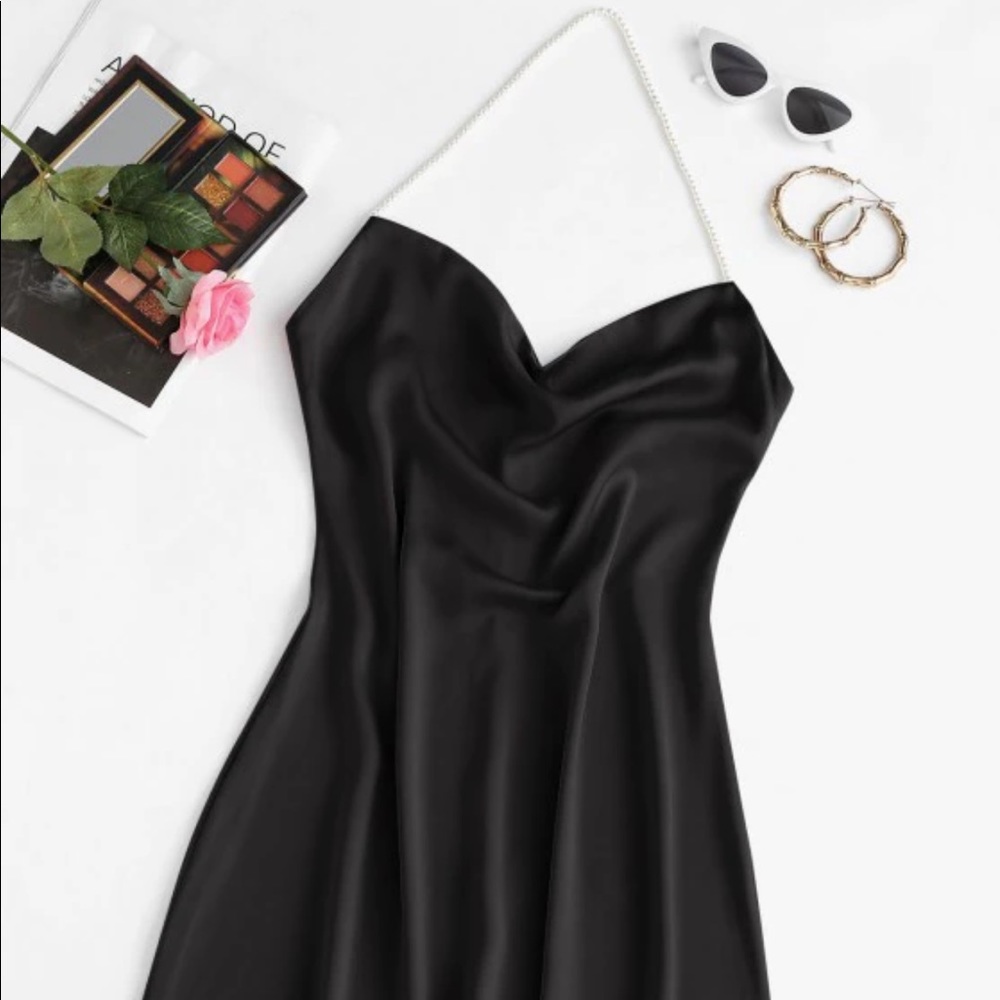 Faux Pearl Black halter mini dress Medium